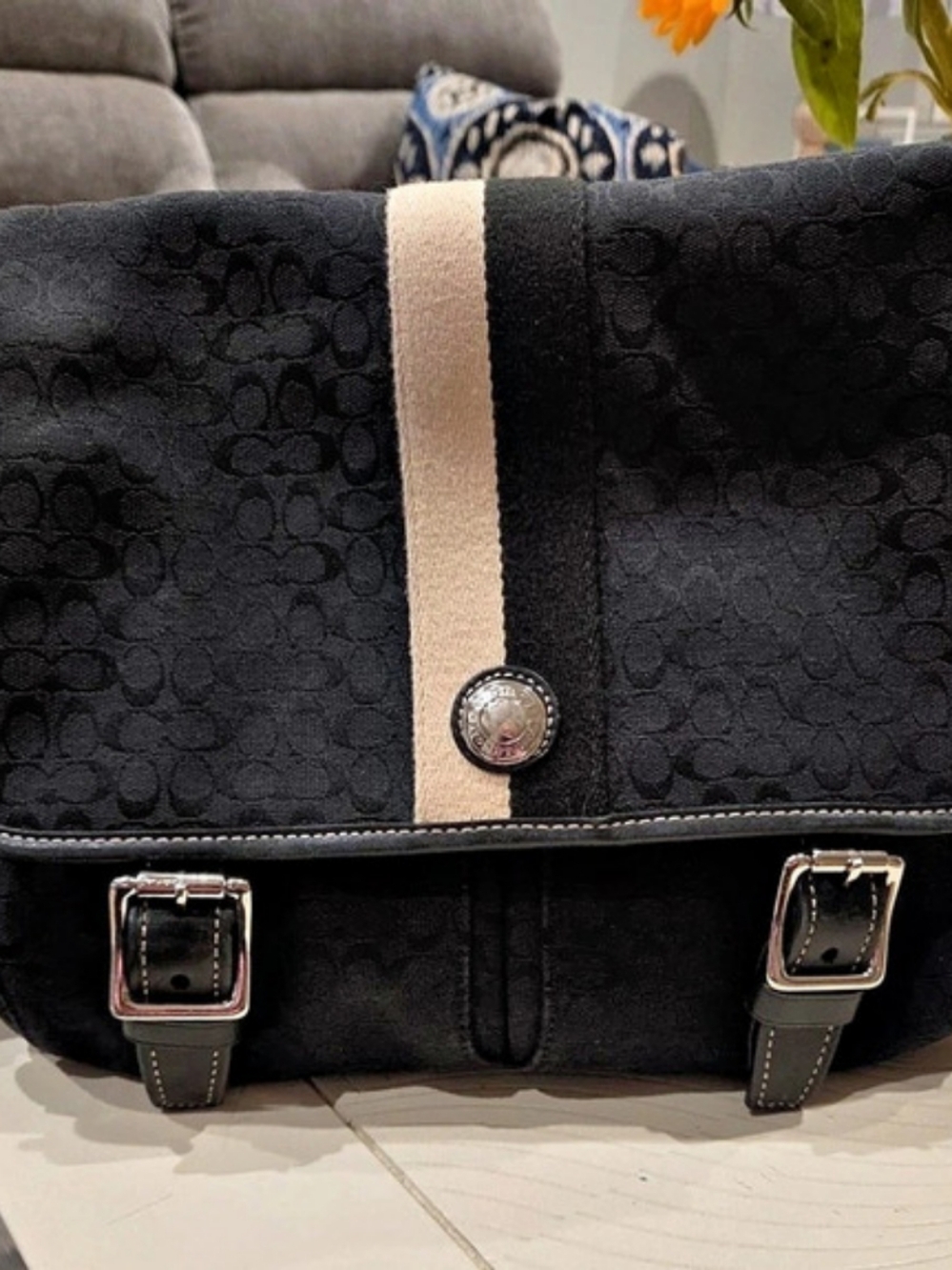 Coach Voyager Signature Stripe Messenger Bag Black Crossbody